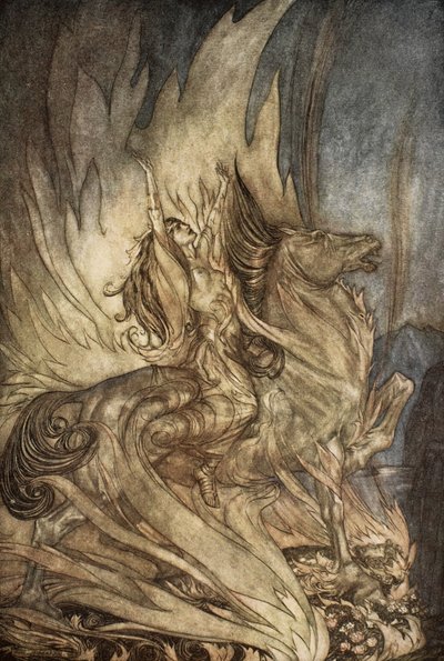 Brunnhilde sur Grane saute sur le bûcher funéraire de Siegfried, illustration de 