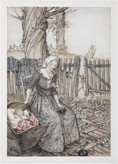 Au revoir, bébé bunting. Mère avec son bébé dans un berceau. Père partant à la chasse en arrière-plan. - Arthur Rackham