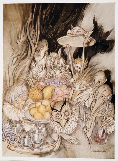 Enter several strange Shapes, bringing in a banquet ?.inviting the King, etc. to eat, illustration de La Tempête de William Shakespeare, pub. 1926 - Arthur Rackham