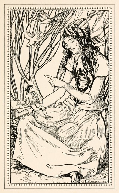 Glumdalclitch apprend à lire à Gulliver de la Partie II : Un voyage à Brobdingnag dans Les Voyages de Gulliver par Jonathan Swift - Arthur Rackham