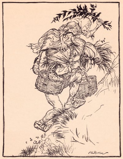 Gémissant continuellement, il gravit la montagne. Illustration par Arthur Rackham du Conte de Grimm, La Fille de l