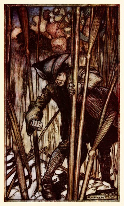 Gulliver est frappé de peur à la première vue des moissonneurs brobdingnagiens de la Partie II : Un voyage à Brobdingnag dans Les Voyages de Gulliver par Jonathan Swift - Arthur Rackham