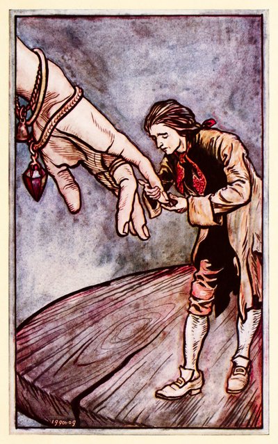 Gulliver embrasse la main de la reine de Brobdingnag de la Partie II : Un voyage à Brobdingnag dans Les Voyages de Gulliver par Jonathan Swift - Arthur Rackham