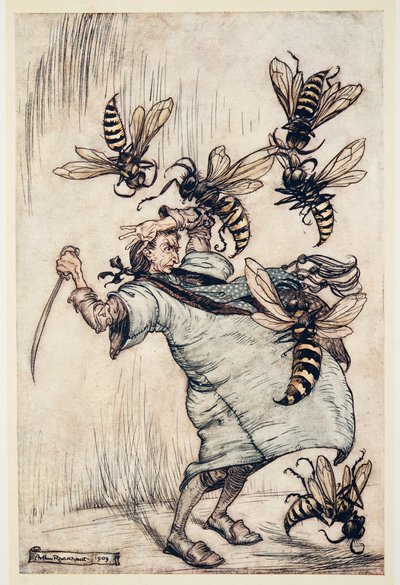 Le combat de Gulliver avec les guêpes, des Voyages de Gulliver par Jonathan Swift (1667 - 1745), pub. 1909 - Arthur Rackham