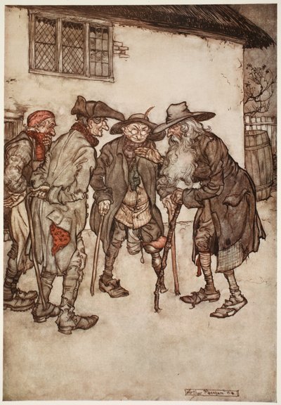 Il retrouva bientôt beaucoup de ses anciens compagnons, bien que tous plutôt usés par le temps., de Rip Van Winkle par Washington Irving, pub. 1910 - Arthur Rackham