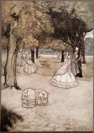 Je pense que la vue la plus touchante dans les jardins est celle des deux pierres tombales de Walter Stephen Matthews et Phoebe Phelps, de Peter Pan dans les jardins de Kensington par J M Barrie, pub. 1906 - Arthur Rackham