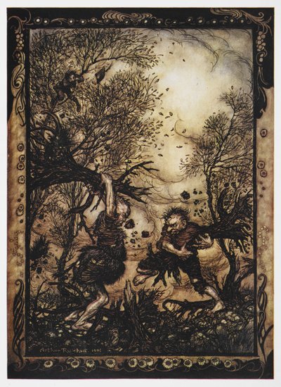 Illustration de deux géants se battant avec des arbres de Le Vaillant Petit Tailleur - Arthur Rackham