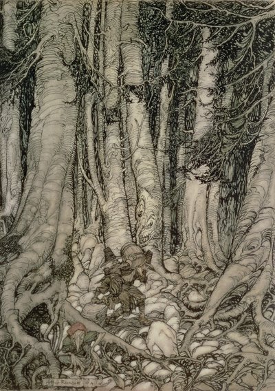 Dans la Forêt avec un Tonneau de Rip Van Winkle écrit par Washington Irving (1783-1859), 1905 - Arthur Rackham