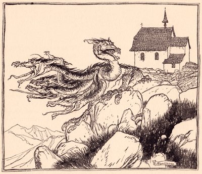 Il ne fallut pas longtemps avant que le dragon à sept têtes arrive, rugissant bruyamment. Illustration par Arthur Rackham du Conte de Grimm, Les Deux Frères. - Arthur Rackham