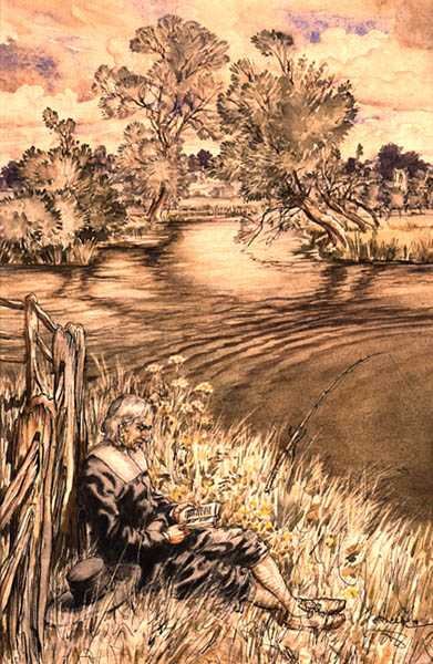 Izaak Walton allongé contre une clôture, une série d
