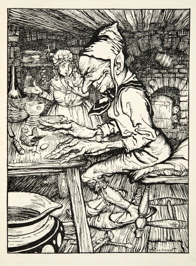 Pond ! rugit le géant et alors la poule pondit immédiatement un œuf en or massif, de The Arthur Rackham Fairy Book, pub. 1933 - Arthur Rackham