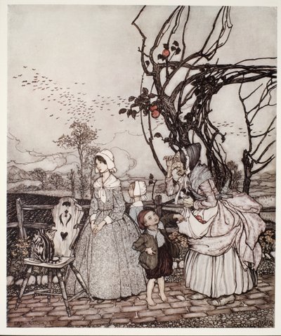 Mère et enfants revenant de la cueillette des pommes, de Rip Van Winkle par Washington Irving, pub. 1910 - Arthur Rackham