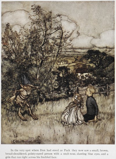 Puck apparaît à Dan et Una. Une histoire se déroulant dans les collines du Sussex. - Arthur Rackham