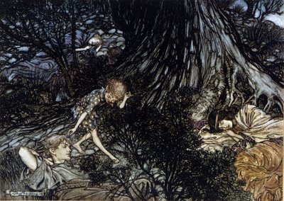 Puck appliquant un filtre magique sur les paupières de personnages endormis. Illustration par Arthur Rackham pour Le Songe d