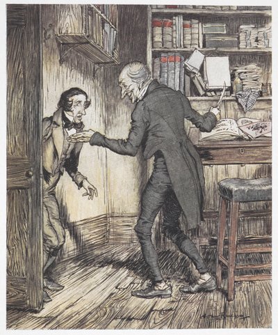 Scrooge écrivant dans son bureau alors qu