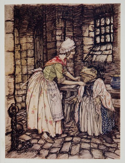 Elle arrangea le châle avec un pli professionnel et noua les ficelles du bonnet rouillé sous son menton, de Wind in the Willows par Kenneth Grahame (1859 - 1932), pub. 1940 - Arthur Rackham