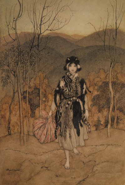 Elle est allée, et est allée, et est allée habillée en peau de chat, illustration des Contes de fées anglais racontés par F.A. Steel, publié en 1918 - Arthur Rackham