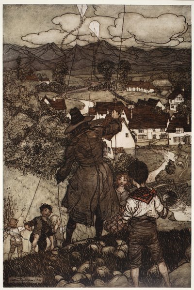 Leur apprenait à faire voler des cerfs-volants, de Rip Van Winkle par Washington Irving, pub. 1910 - Arthur Rackham