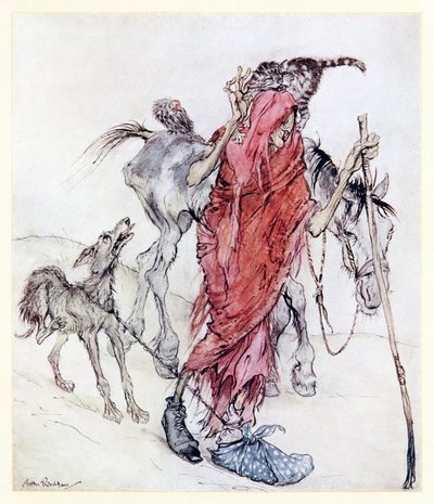 La sorcière du moulin était une vieille maigre avec des pieds bizarres de La frénésie de Mongan dans Contes de fées irlandais - Arthur Rackham