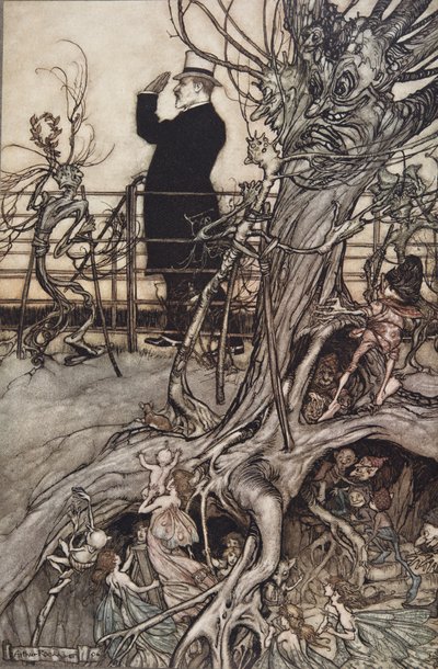 Les jardins de Kensington sont à Londres, où vit le roi..." de Peter Pan dans les jardins de Kensington par J M Barrie (1860 - 1937), pub. 1906 - Arthur Rackham