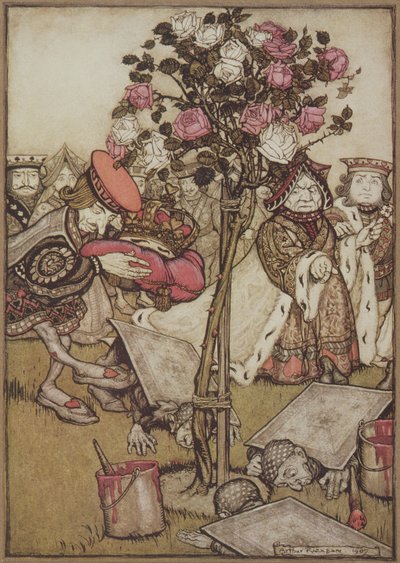 La Reine se détourna en colère de lui et dit au Valet, "Retournez-les", d