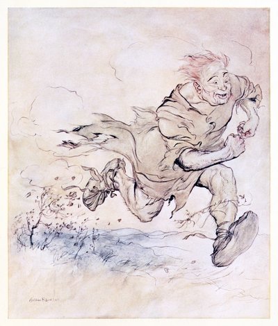 Le martèlement de ses grosses bottes devenait aussi continu que le crépitement des grêlons sur un toit, et le vent de son passage abattait des arbres de Le Carl du manteau drap dans Contes de fées irlandais - Arthur Rackham