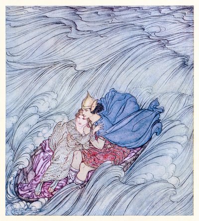 Les vagues de tous les mondes semblaient tourbillonner devant eux en un immense tapis vert de Becuma à la peau blanche dans Contes de fées irlandais - Arthur Rackham