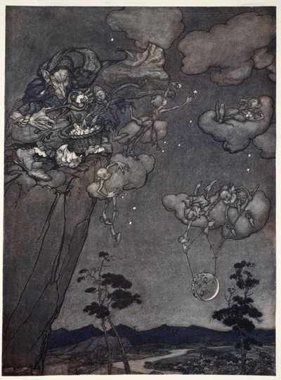 Ils étaient gouvernés par un vieil esprit squaw qui accrochait les nouvelles lunes dans le ciel et découpait les anciennes en étoiles, de Rip Van Winkle par Washington Irving, pub. 1910 - Arthur Rackham
