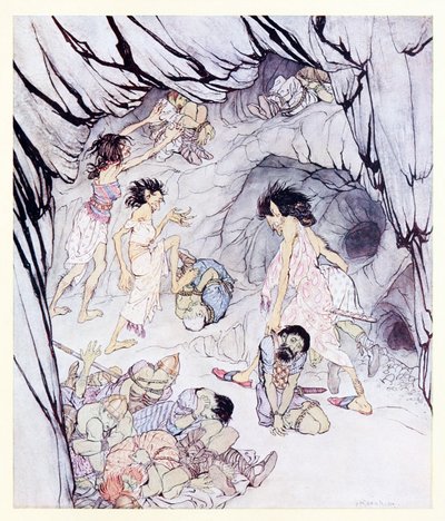 Celui-ci est gros, dit Cullen, et elle roulait un Fenian corpulent comme une roue de La grotte enchantée de Cesh Corran dans Contes de fées irlandais - Arthur Rackham