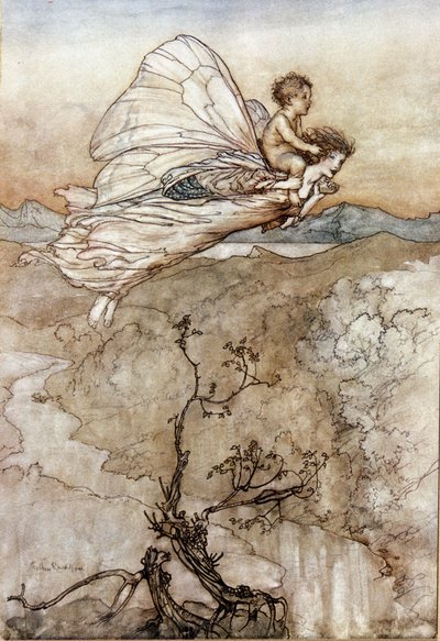Titania la Reine des Fées vole avec son enfant changelin. Illustration par Arthur RACKHAM (1867-1939) pour Le Songe d