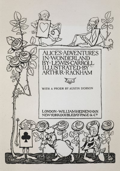 Page de titre avec un rosier, le Lapin Blanc et des hommes habillés en cartes - Arthur Rackham
