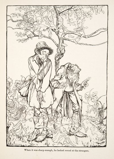 Quand il fut assez aiguisé, il regarda autour de lui les étrangers, de Petit Frère & Petite Sœur et autres contes par les frères Grimm, pub.1917 (litho) - Arthur Rackham