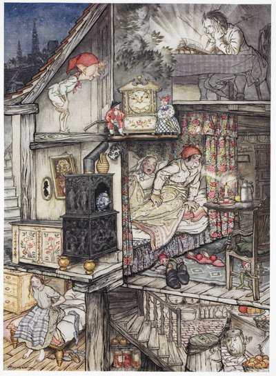 "Quand la nuit est venue et que la boutique est fermée". Une famille la nuit chez eux. Un homme lisant dans le grenier. Un elfe regardant par le trou de la serrure. Deux personnes, les parents au lit. Une jeune fille assise sur son lit - Arthur Rackham
