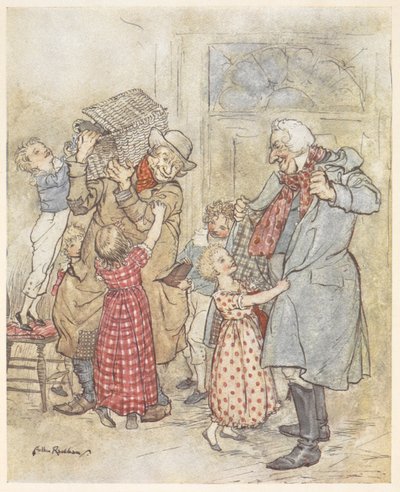 Jeunes enfants aidant deux hommes âgés avec leurs manteaux en entrant dans une maison portant des cadeaux de Noël - Arthur Rackham