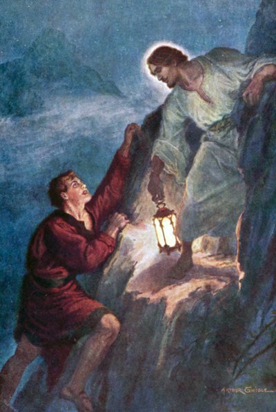 Jeune homme grimpant, suivant la lumière tenue par Jésus-Christ - Arthur Twidle