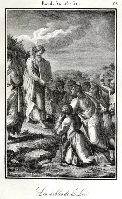 Bible, Moïse montrant les deux tablettes avec les dix commandements (gravure) - Artist Unknown