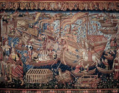 Le navigateur portugais Vasco de Gama (1459-1524) est arrivé à Calicut en Inde en 1498, détail, tapisserie - Artist Unknown