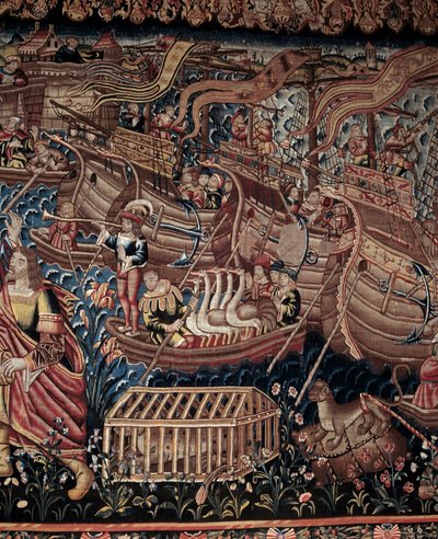 Le navigateur portugais Vasco de Gama (1459-1524) est arrivé à Calicut en Inde en 1498, détail, tapisserie - Artist Unknown