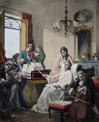 Wolfgang Amadeus Mozart (1756-1791) mourant, dirige un groupe de musiciens pour le Requiem qu