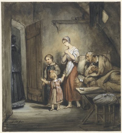 Homme malade au lit avec une femme et deux enfants à ses côtés - Ary Scheffer