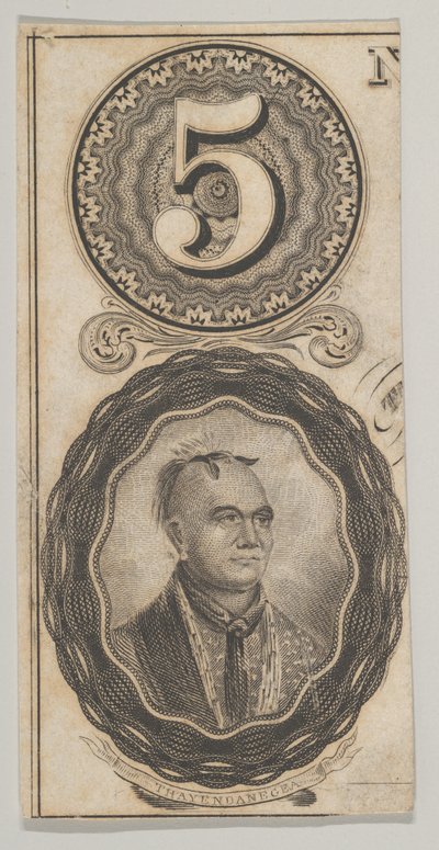 Motifs de billet de banque : le numéro 5 et un portrait de Thayendanegea, vers 1824-37 - Asher Brown Durand.