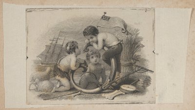 Vignette de billet de banque avec trois putti en tant que berger, fermier et marin, ca. 1824-37 - Asher Brown Durand.