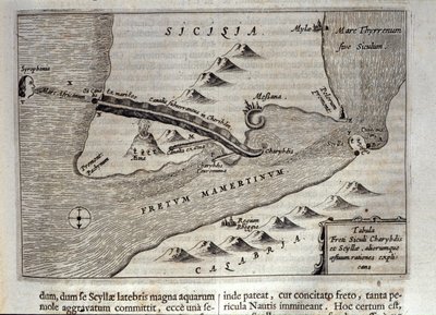 Représentation cartographique de Charybde et Scylla dans le détroit de Messine, Sicile. Gravure de "Mundus Subterraneus" par Athanasius Kircher (1601-1680), jésuite, orientaliste et érudit 1682 - Athanasius Kircher