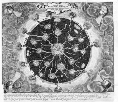 Coupe transversale de la terre montrant le feu central, les feux et les volcans, d