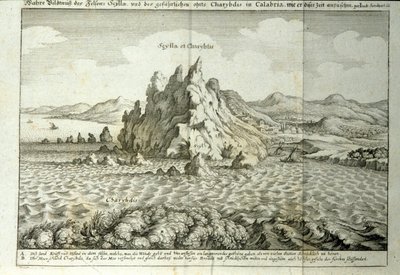 Vue des rochers de Charybde et Scylla dans le détroit de Messine, Sicile. Gravure de "Mundus Subterraneus" par Athanasius Kircher (1601-1680), jésuite, orientaliste et érudit 1682 - Athanasius Kircher