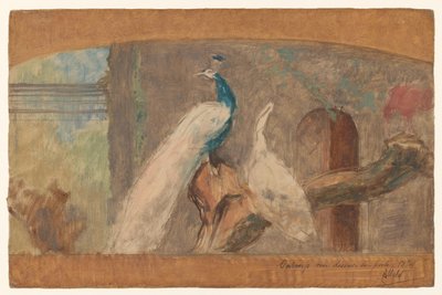 Conception pour un dessus-de-porte : branche avec paon et autres oiseaux - August Allebe