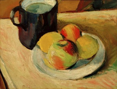 Cruche de lait et pommes sur assiette - August Macke