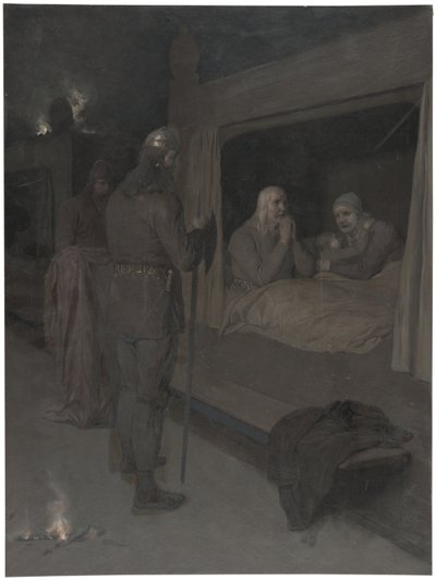 Njal, Bergthora et Thord Karisson décident de se laisser brûler vifs. Illustration pour la Saga de Njal, chap. 129 - August Malmström