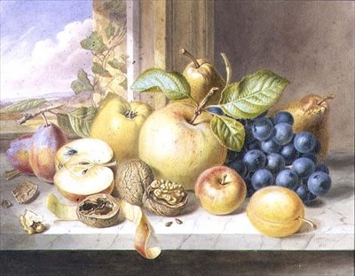 Nature morte de pommes, raisins, poires, prunes et noix sur un rebord de fenêtre - Augusta Innes Withers