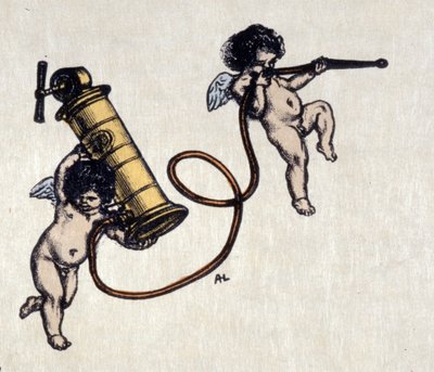 Les joies du clystère. Deux anges portant une pompe à lavement. Illustration d